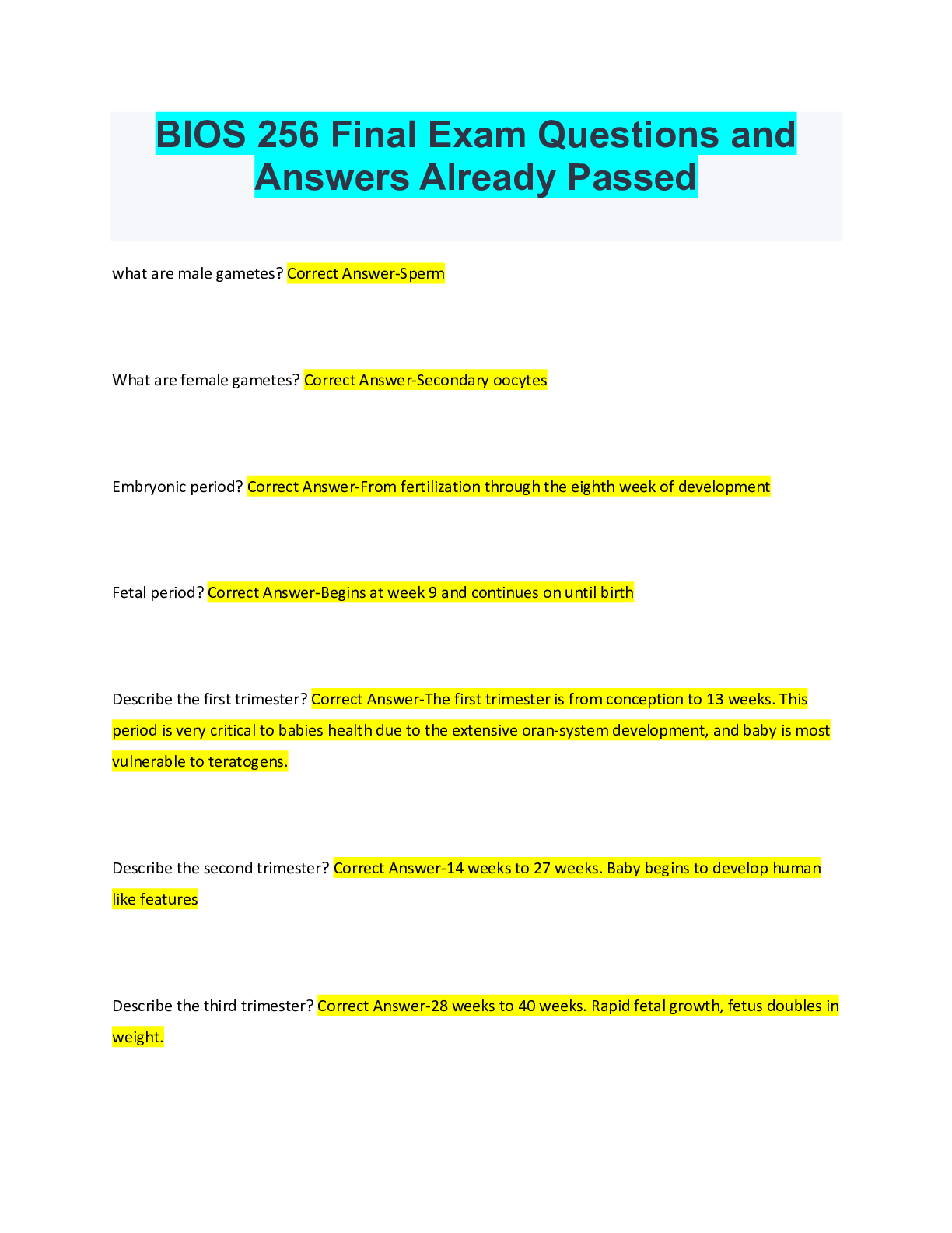 Preview image for BIOS 256 Final Exam Questions and Answers Already Passed